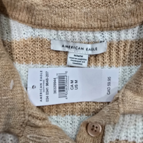 American Eagle NWT Stripped Knit Polo Sweater Tan/White Size M - Picture 4 of 8
